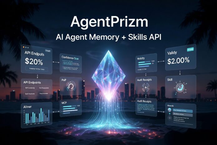 Hero image showing AgentPrizm AI platform with a glowing central prism and floating panels labeled memory and skills API on a dark beach backdrop (AgentPrizm).