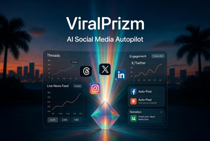 Promotional artwork for ViralPrizm: AI social media autopilot with a glowing crystal at the center and floating dashboards of charts and app icons against a city skyline sunset.